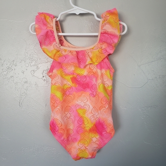 Wonder Nation Toddler Girl 4T One Piece Swim Suit Neon Orange Pink Yellow Hearts - Picture 3 of 5